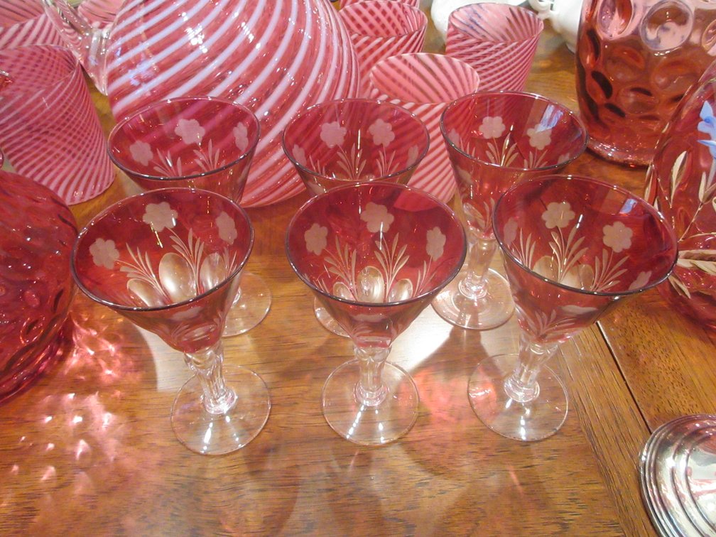 (6) Cranberry cut to clear sherry glasses