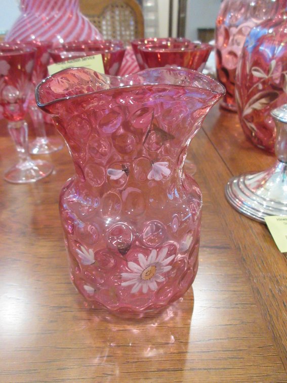 Hand painted art glass cranberry vase