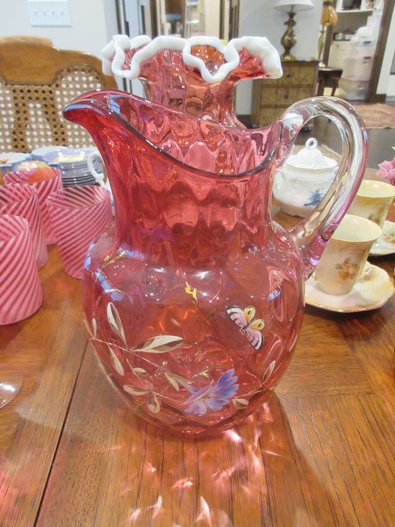 Hand painted cranberry coin dot pitcher