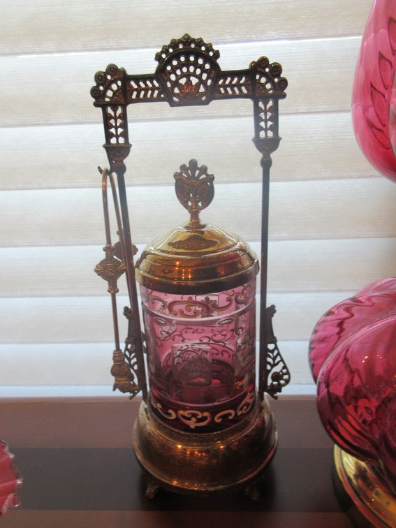 Antique hand Victorian pickle jar with hand painted cranberry glass