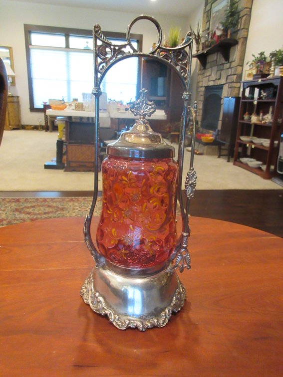Antique hand painted cranberry glass pickle jar in stand