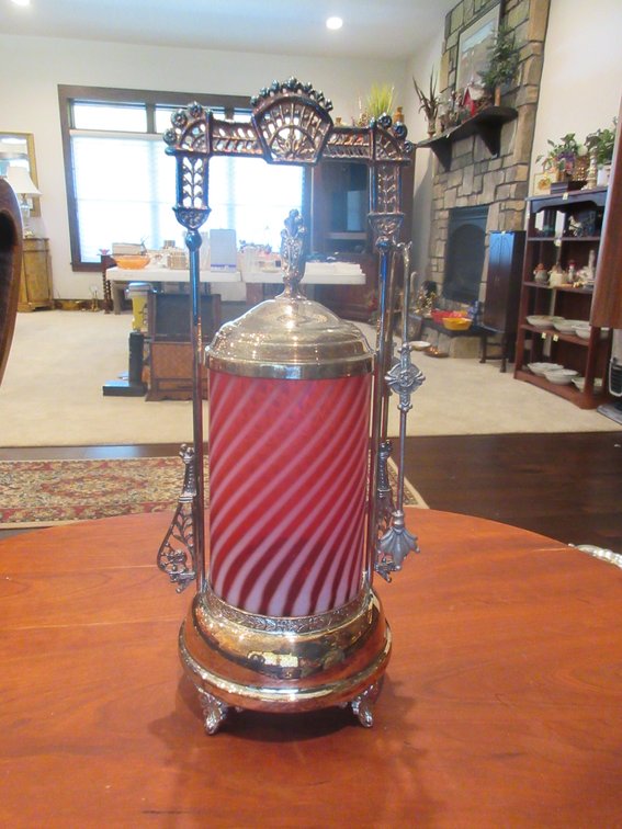 Antique hand painted cranberry white swirl glass pickle jar in stand