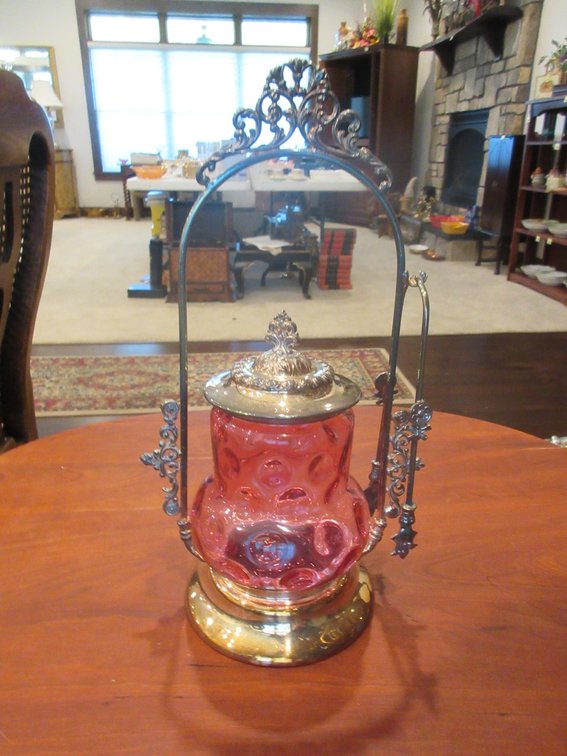 Antique hand painted cranberry coin dot glass pickle jar in stand