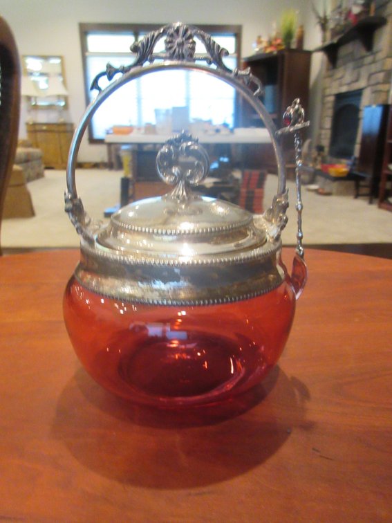 Cranberry spooner with silver plate cover and spoon