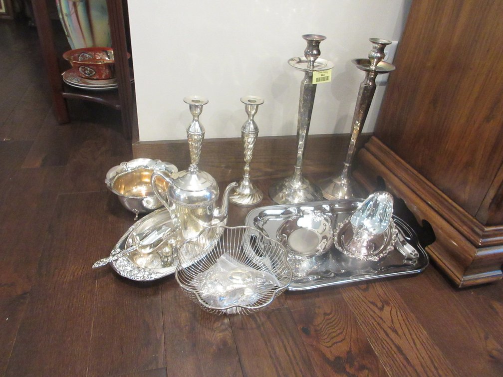 Group of silver plate serving dishes