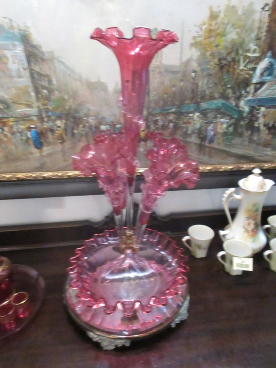 Victorian cranberry 5-vase epergne on dresser mirror
