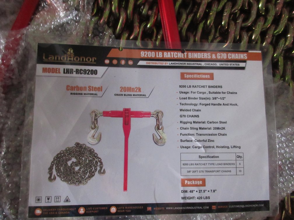 (1) Land Honor 9200 lb. ratcher binder and (2) G70 chains