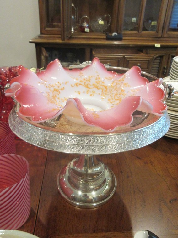 Antique hand painted bride's basket bowl and silver plate stand