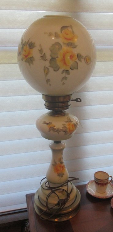 Electrified parlor lamp with hand painted globe and base