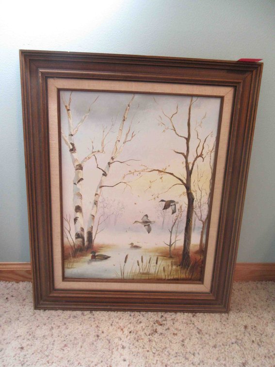 Barb Schauer duck oil painting on canvas in frame