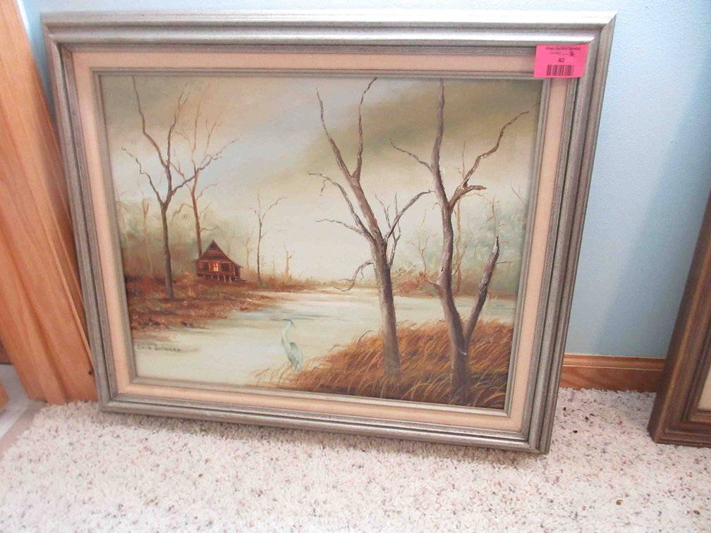 Barb Schauer cabin oil painting on canvas in frame