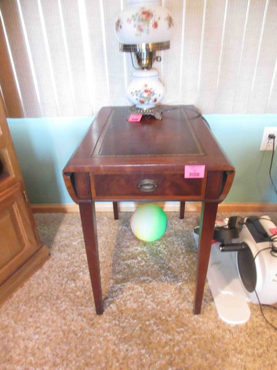 Antique drop leaf leather top side table