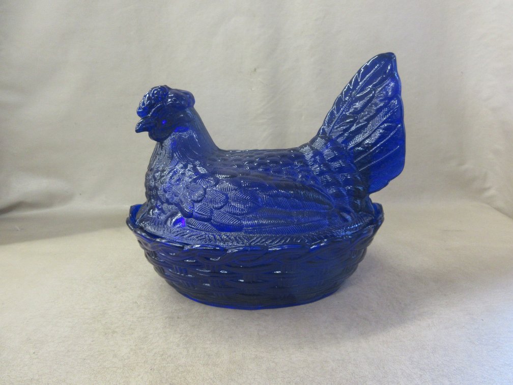 Cobalt blue glass Hen on Nest covered dish