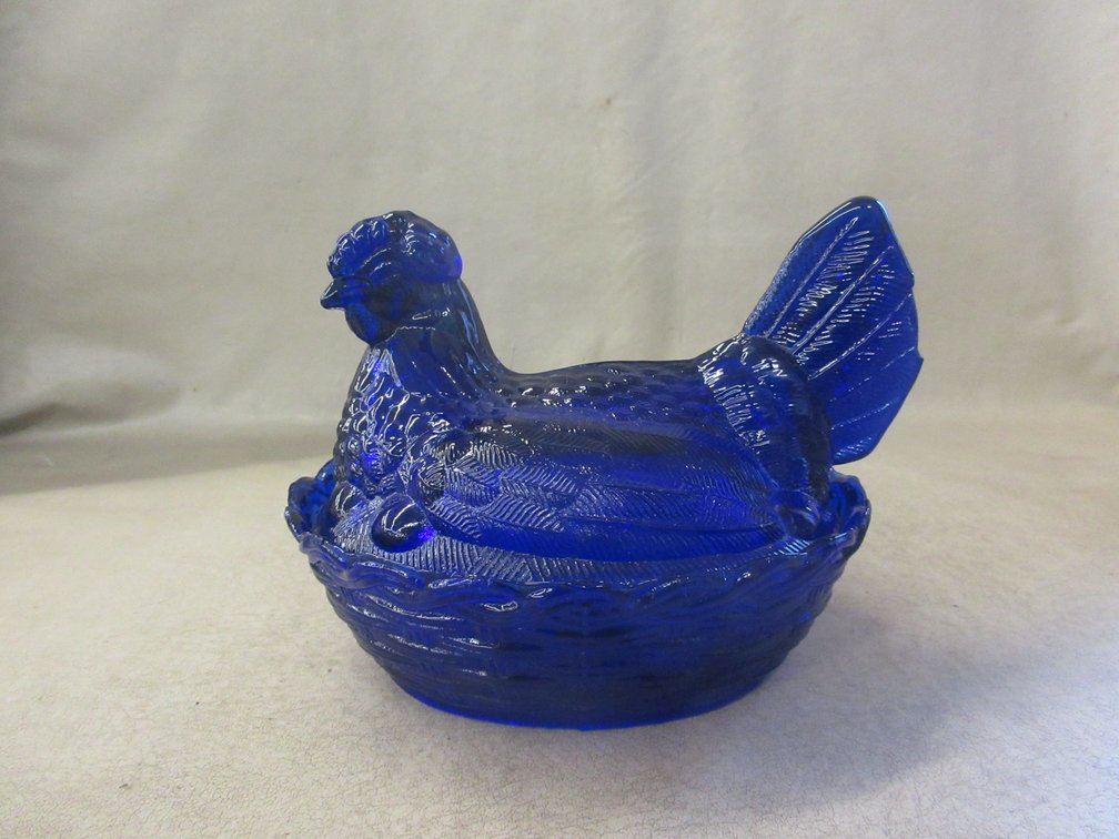 Cobalt blue glass Hen on Nest covered dish