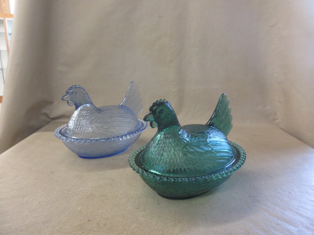 (2) Glass Hen on Nest covered dishes