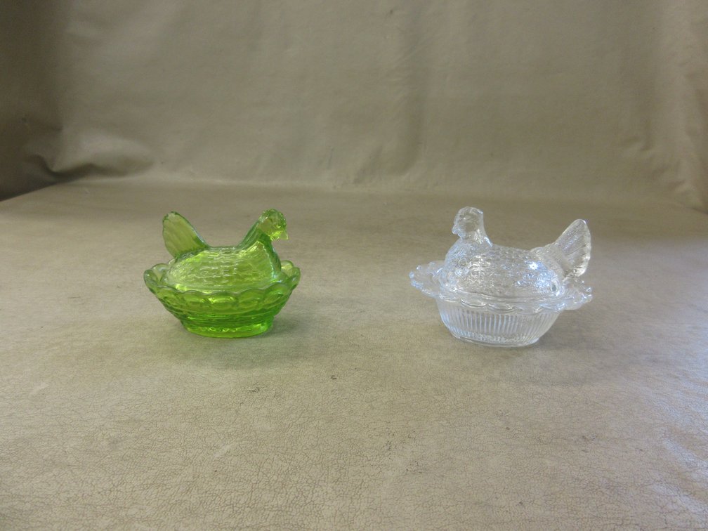 (2) Small glass Hen on Nest covered dishes