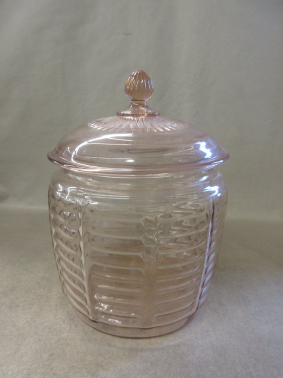 Pink Depression Glass canister with lid