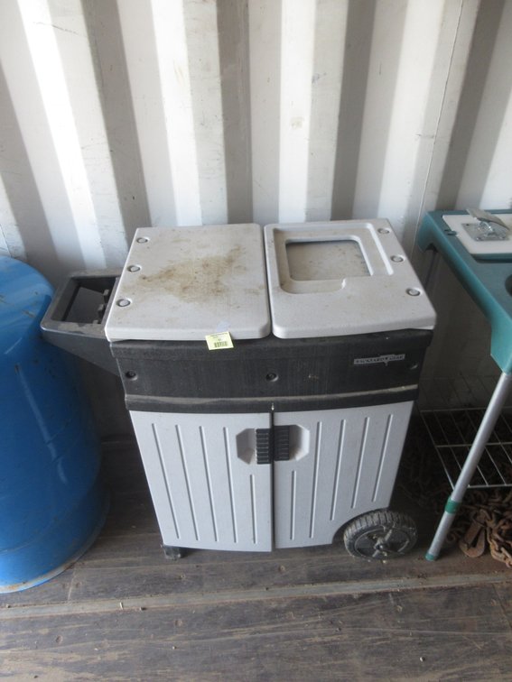 Heavy duty plastic Back Year Gear rolling grill cabinet, top lifts open
