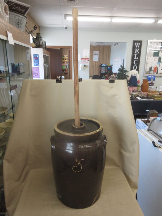 Brown glazed 5 gallon butter churn with lid and masher