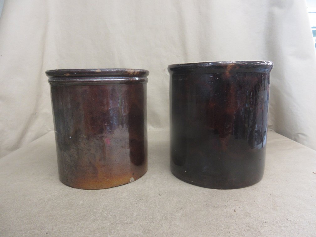 (2) Brown glazed crocks, one small chip