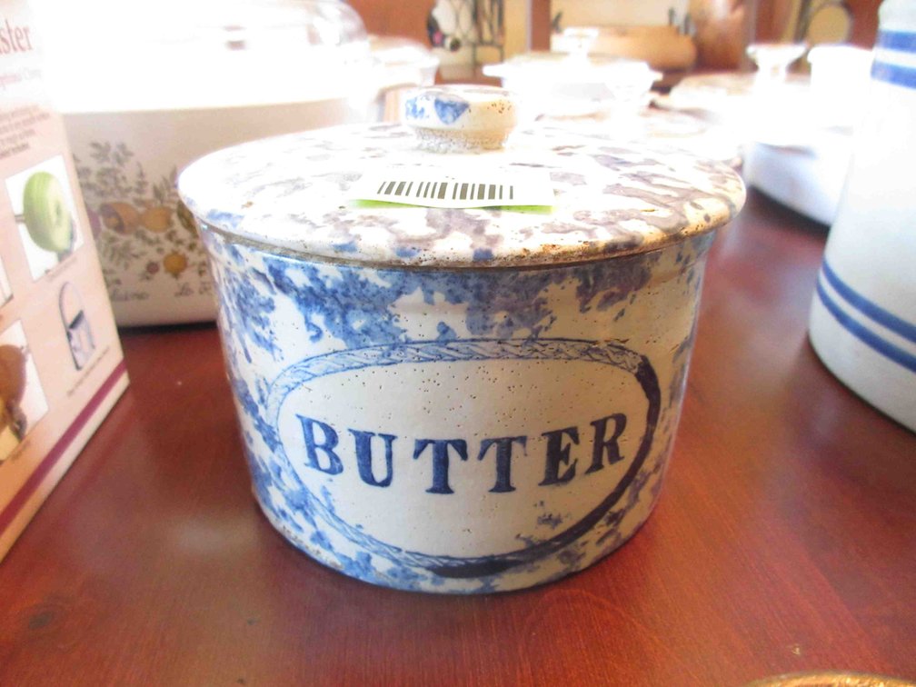 Blue sponge stoneware butter crock
