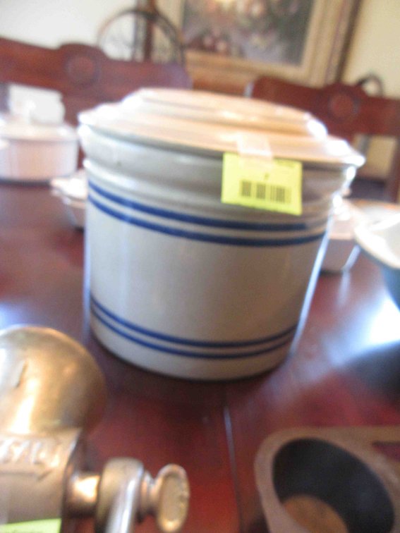 Blue band stoneware crock with lid