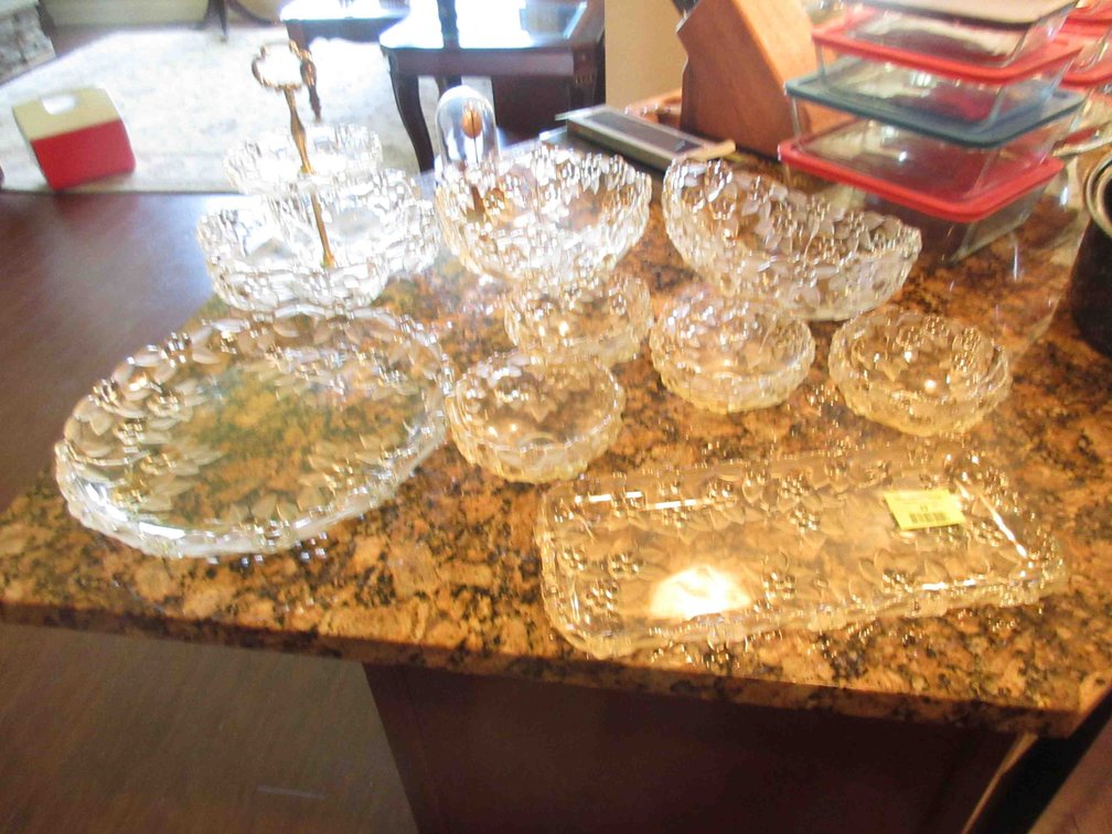 Set of heavy satin/clear glassware serving dishes