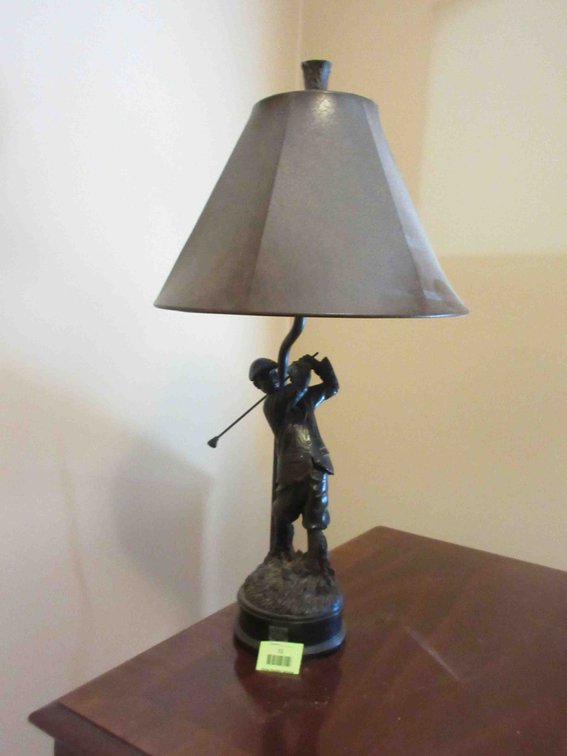Cast metal golfer table lamp with shade