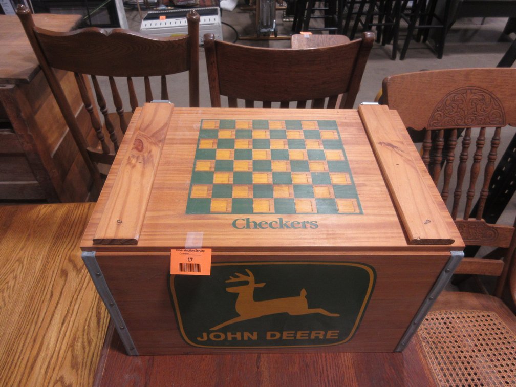 John Deere wood storage box with checkerboard top