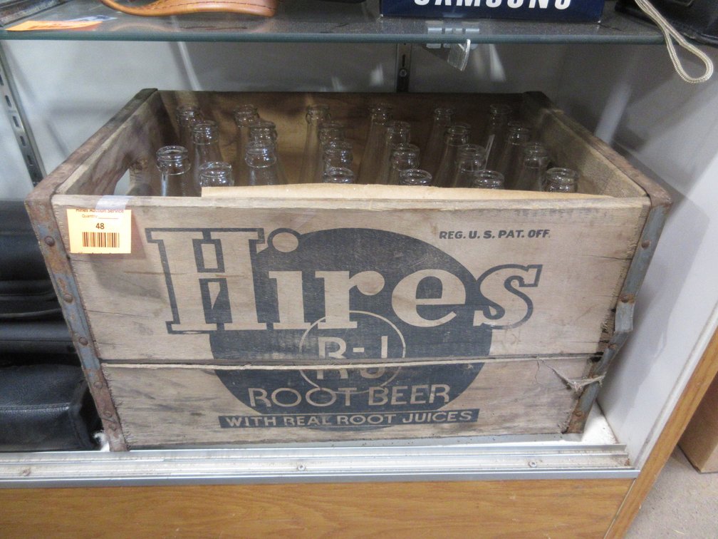 Hires Root Beer wood case with contents of 24glass bottles