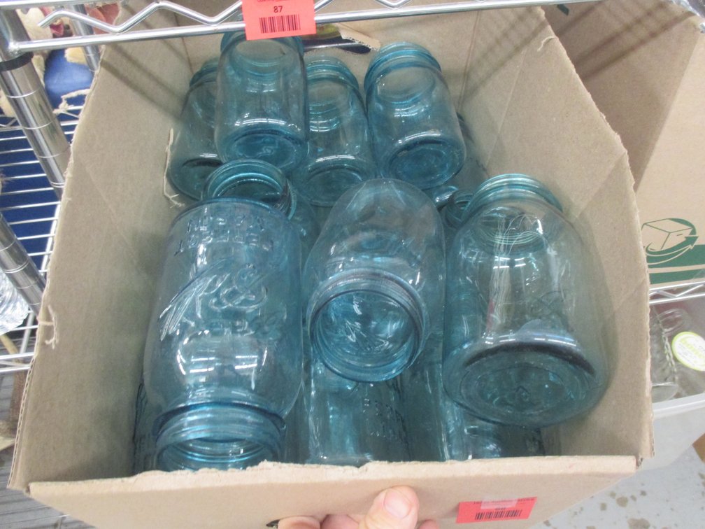 Box of blue glass canning jars