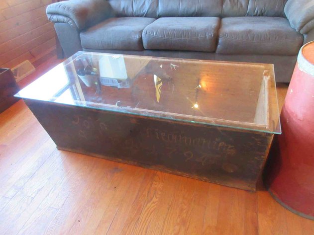 Image for Antique wood chest base with glass top