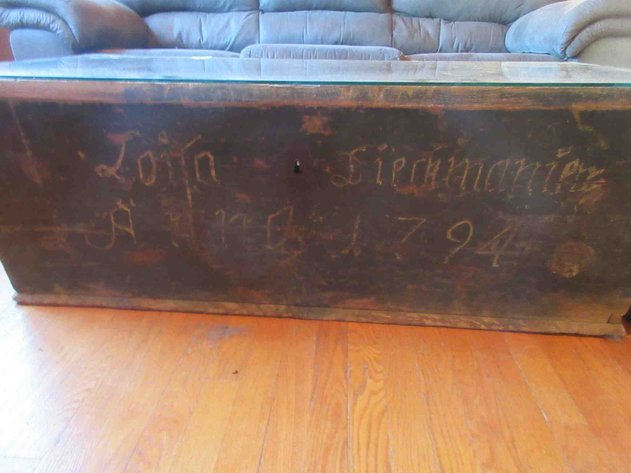 Image for Antique wood chest base with glass top