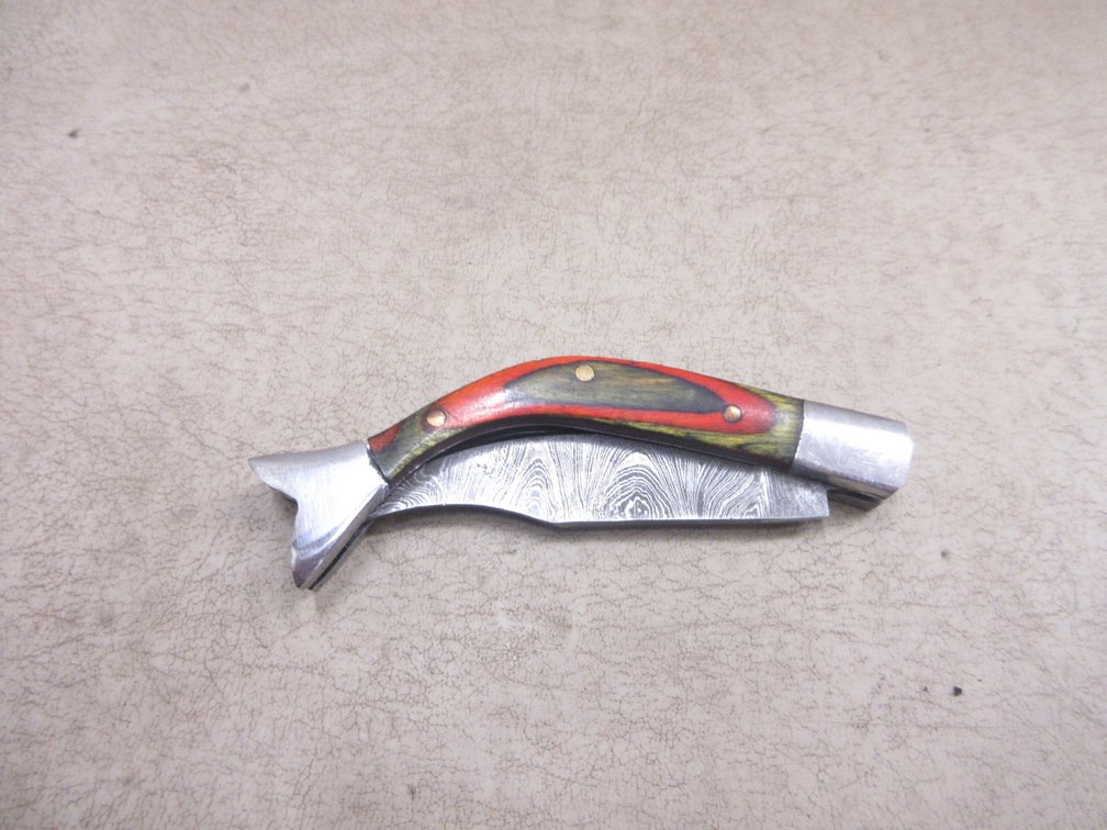 Custom Damascus fish pocket knife