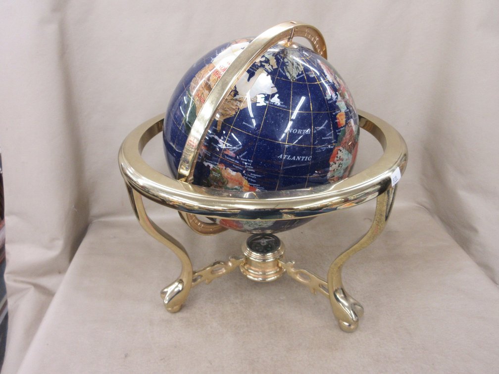 Semi-precious stone world globe on brass base