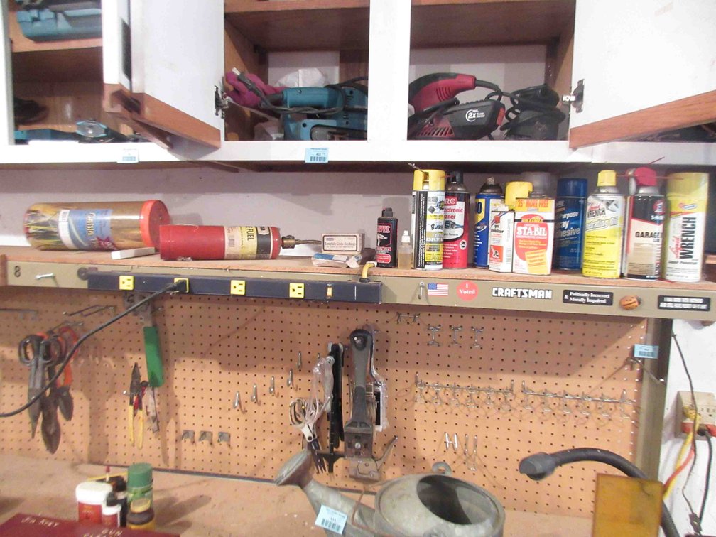 Group on bench pegboard and upper shelf
