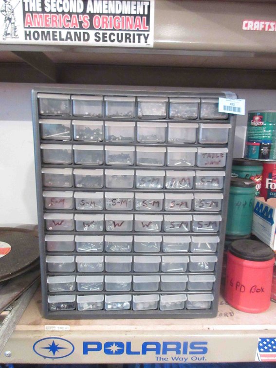 Plastic hardware bin with contents