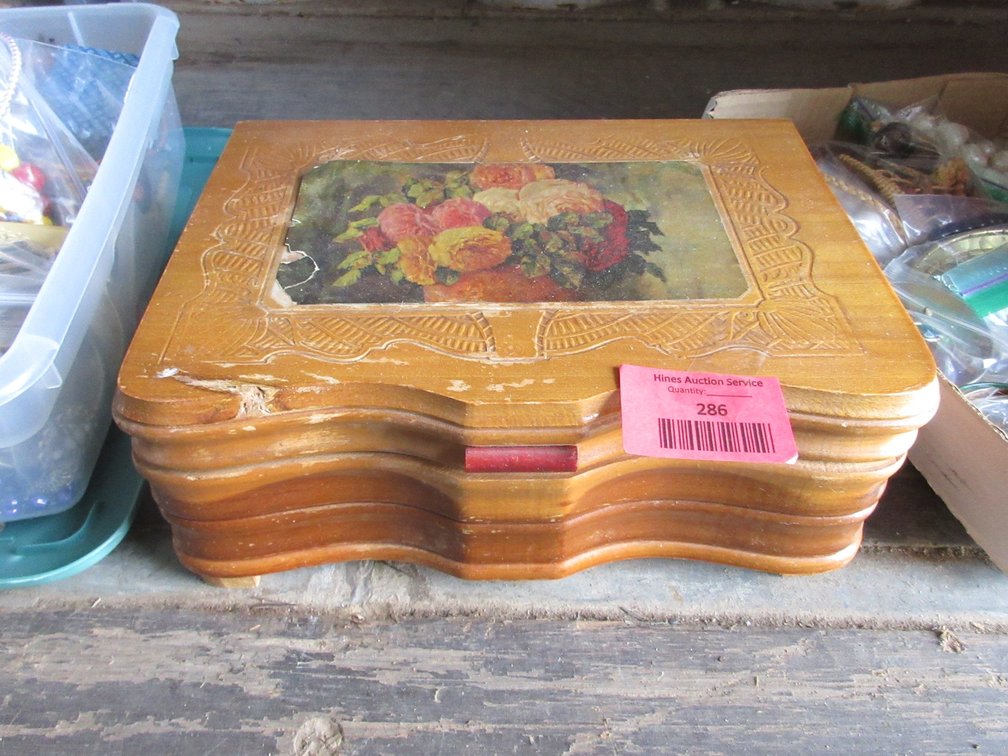 Wooden jewelry box with contents
