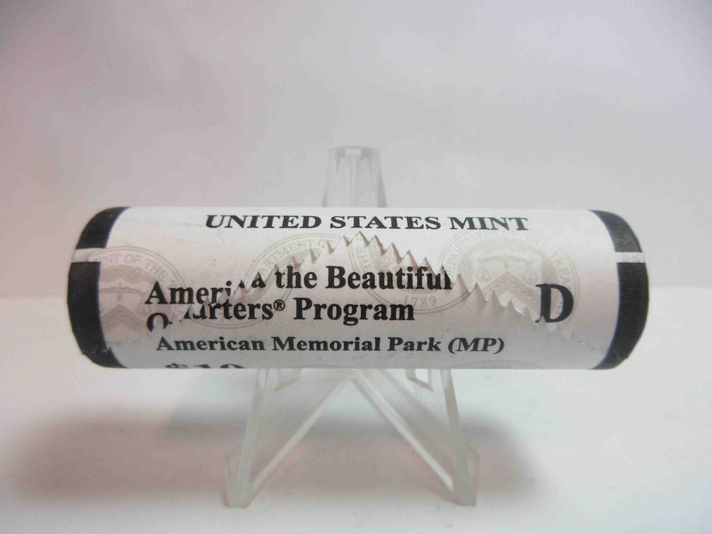 Uncirculated roll of 2018-D American Memorial Park quarters