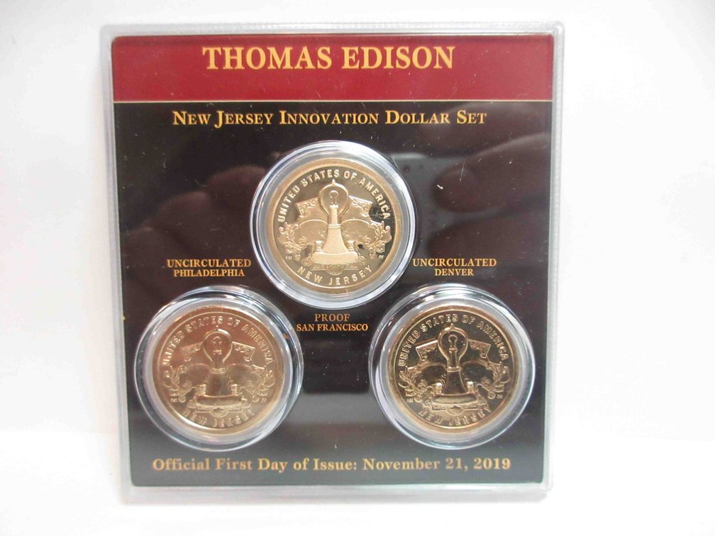 (3) 2019 First day of issue Thomas Edison dollar coins