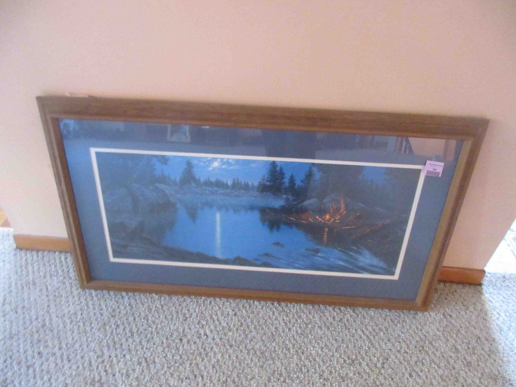 Derk signed and umbered canoe camping scene print in frame