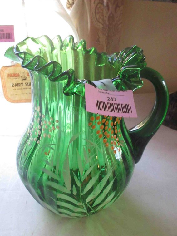 Victorian hand painted green glass pitcher
