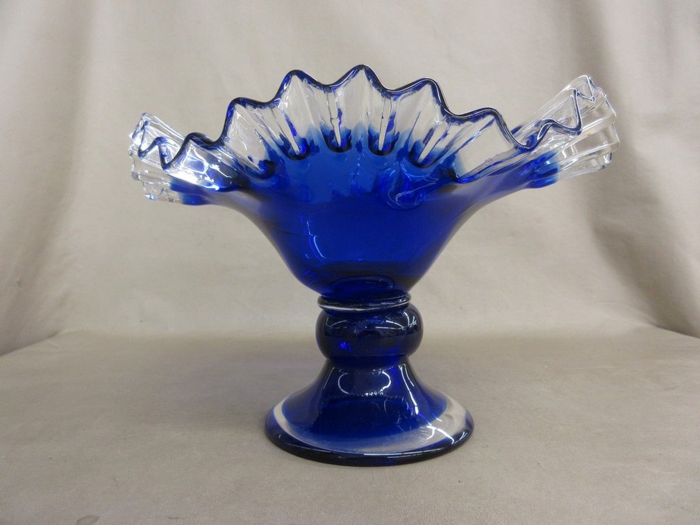 Cobalt blue and clear pedestal bowl