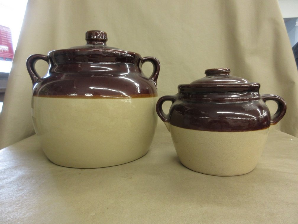 (2) Monmouth stoneware bean pots with lids