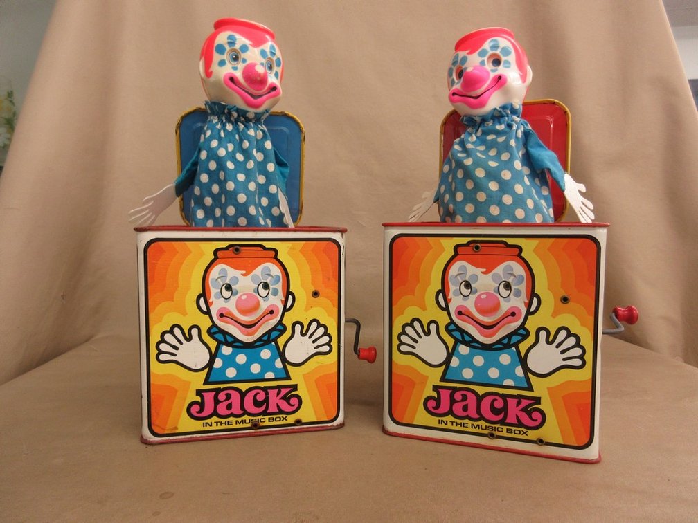 (2) Mattel metal Jack-In-The-Boxes Clown music boxes
