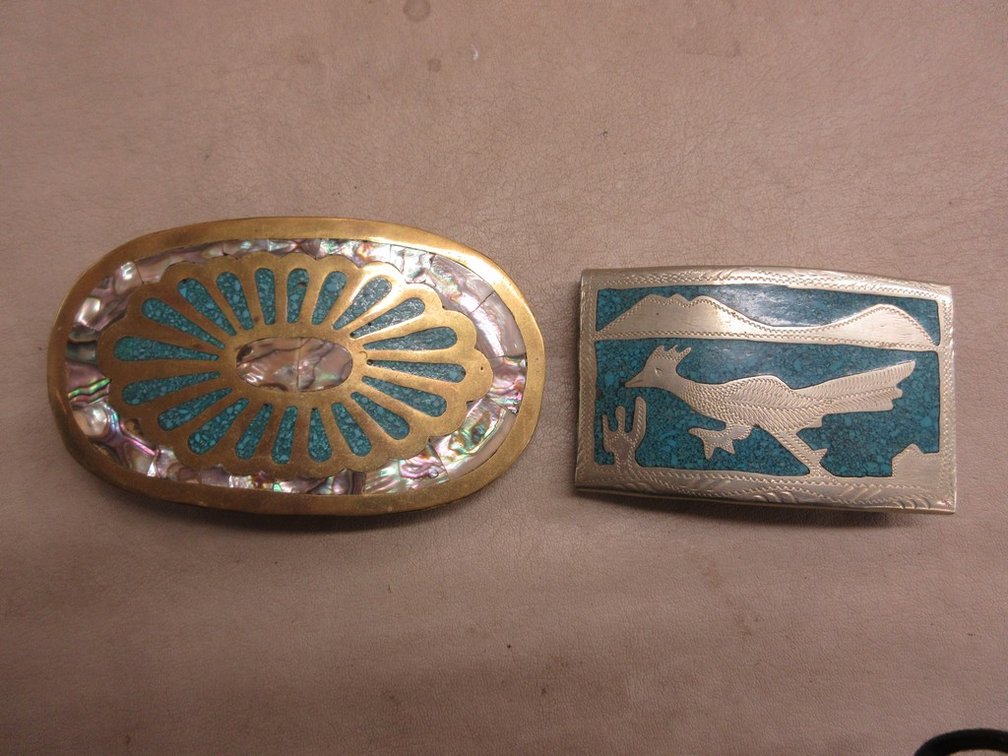 (2) Turquoise and Abalone inlaid belt buckles
