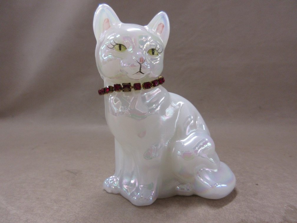 Fenton iridescent hand-painted cat figurine