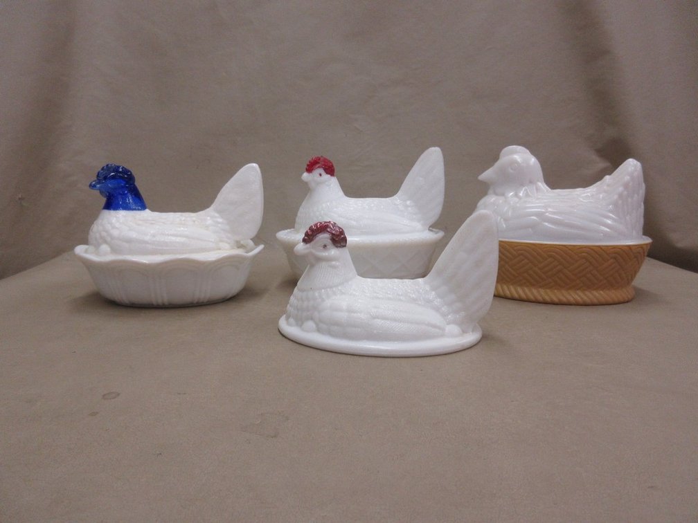 Hen-On-Nest milk glass group