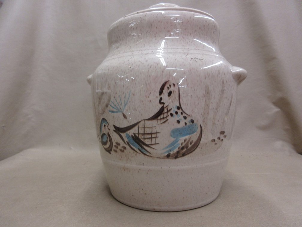 Unmarked Bobwhite stoneware cookie jar with lid