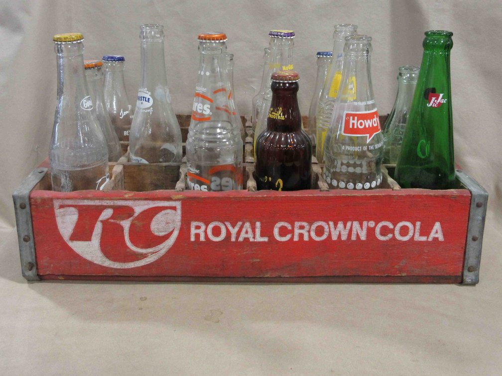 Royal Crown Cola 18.5"L wood crate with contents of assorted soda bottles